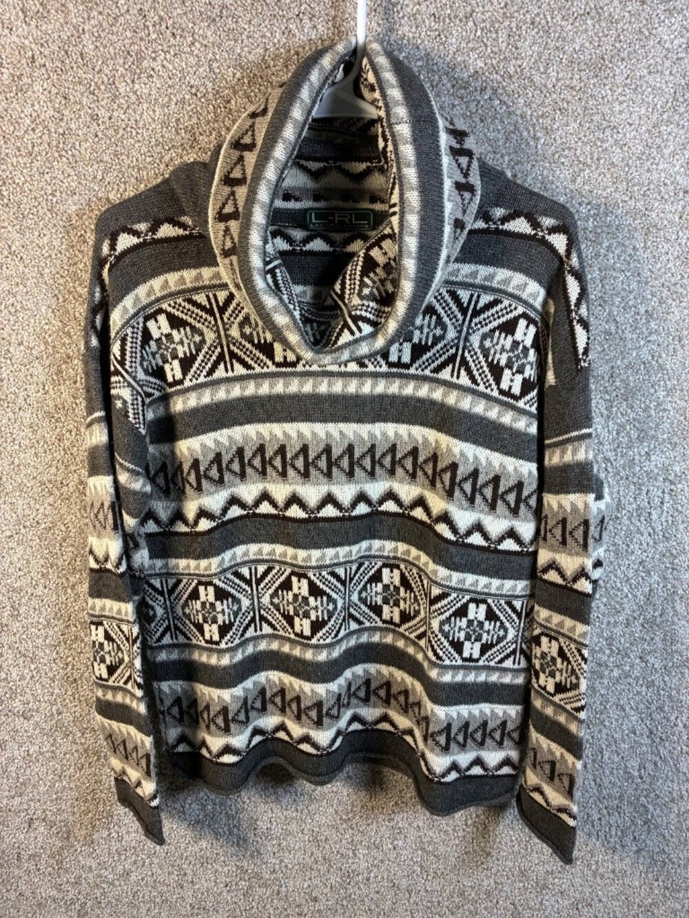 Lauren Ralph Lauren Active Sweater Women XS Fair Isle Cowl Neck Gray Wool Blend
